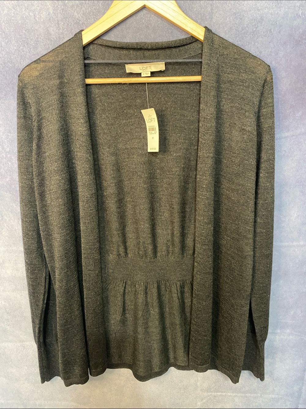 LOFT Dark Charcoal Open-Front Gathered-Waist Cardigan